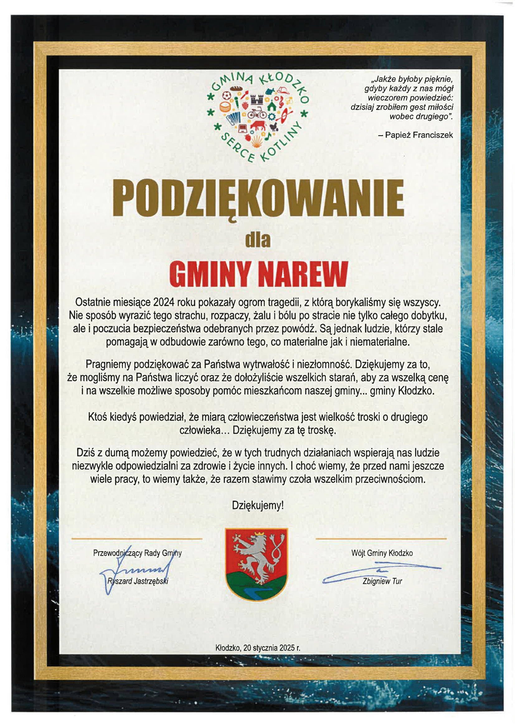 Podziękowana pd Wójta Gminy Kłodzko powódź 1